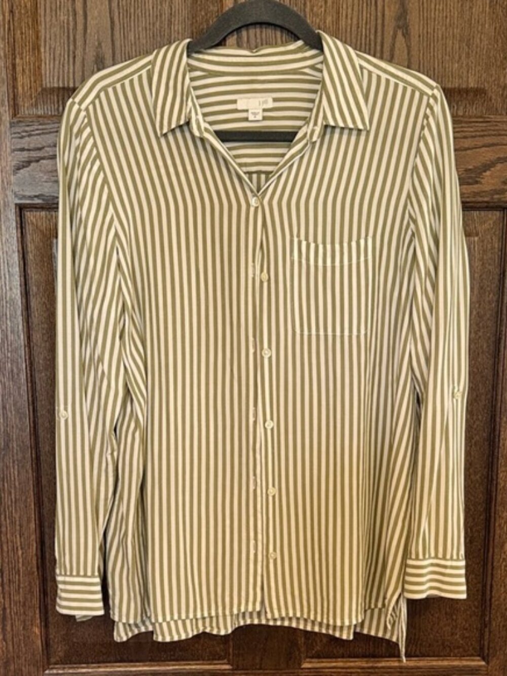 J. Jill Striped Olive Green and White Button Down Shirt